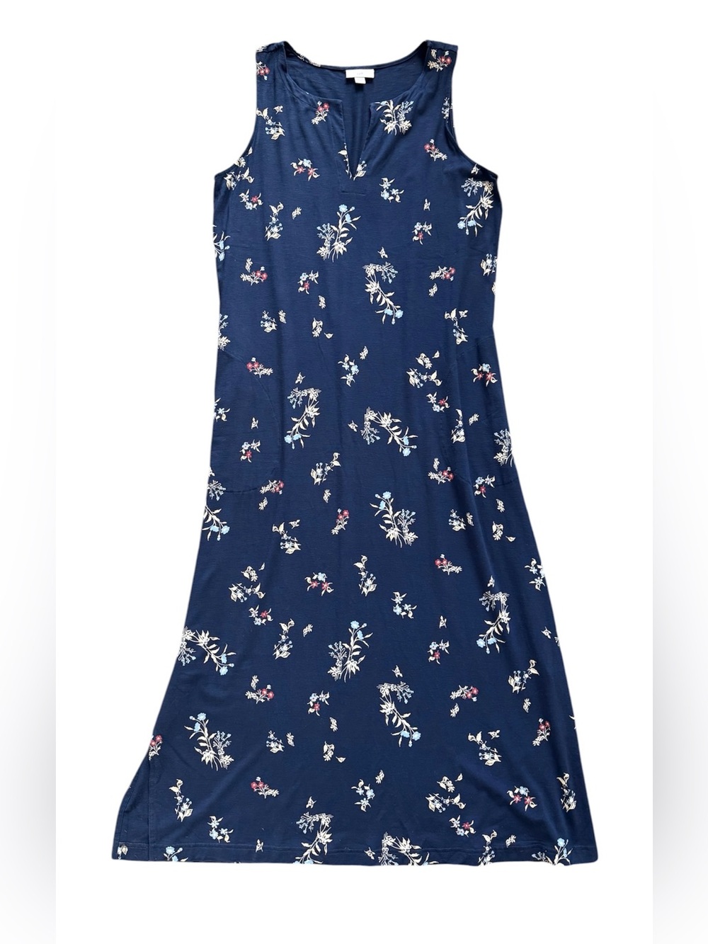 J Jill Navy Floral Sleeveless Maxi Dress Stretch Rayon Blend Medium NWOT